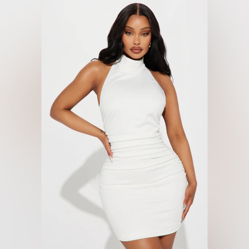 White Ruched Halter Mini Dress - Picture 5 of 6